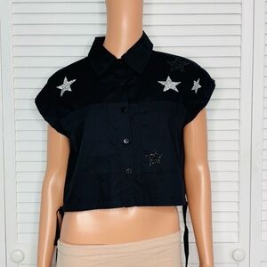 BLUE B. COLLECTION Black Star Embroidered Cap Sleeve Blouse Size Small